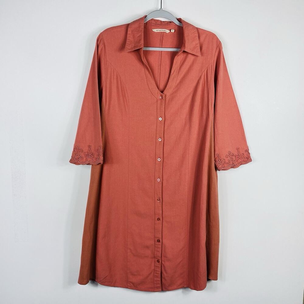 Soft Surroundings Size Medium Embroidered Cuff Button Front Cotton Dress Orange